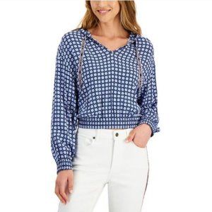 NWOT Tommy Hilfiger Women's Blue Smocked Printed Hoodie Pullover‎ Top Petite XL